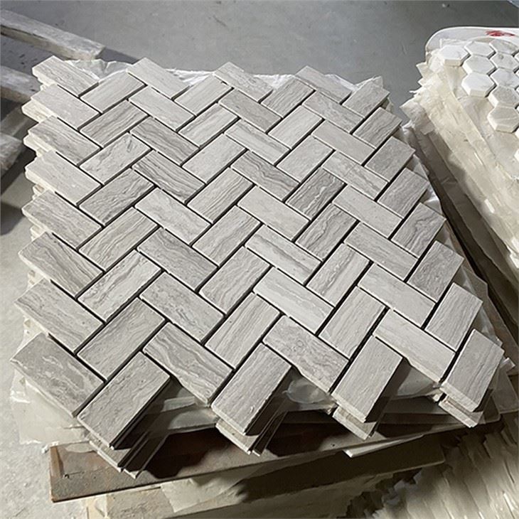 White wood marble herringbone mosaic tile